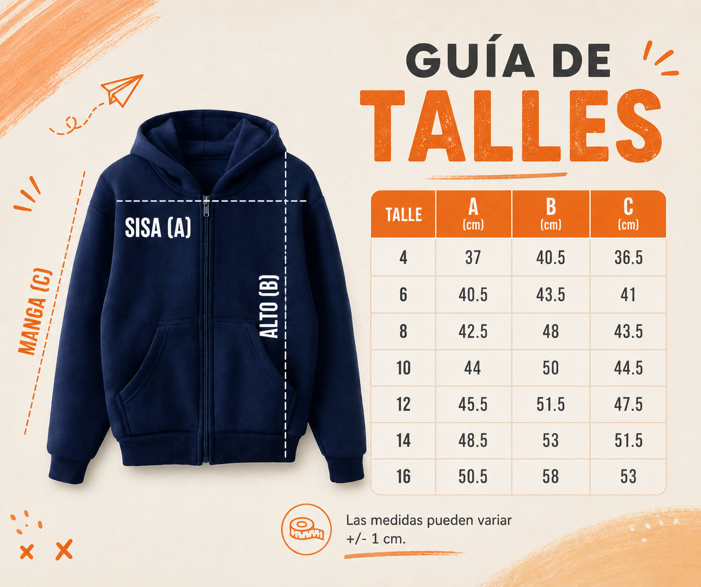 Guía de talles ZIPKIDS con medidas de sisa, alto y manga por talle