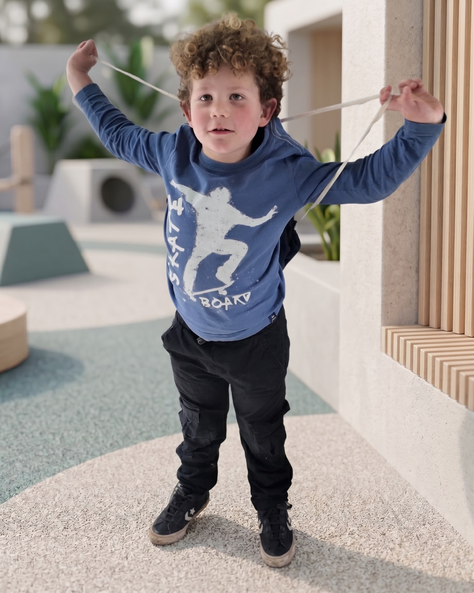 Niño mostrando las tiras de la mochila
